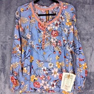 Aratta Silent Journey Blouse Womens Medium Blue Floral Boho Cottagecore NWOT